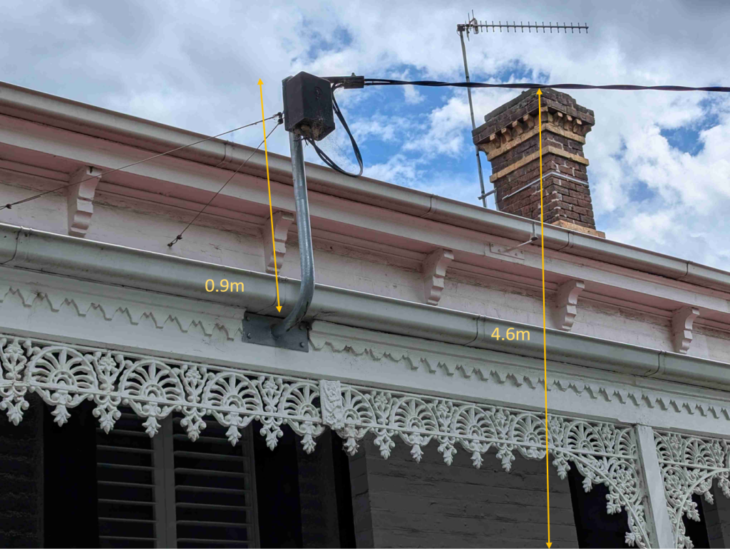 Hydrosol image of overhead power lines to the point of attachment re home power upgrade for converting gas appliances to electric